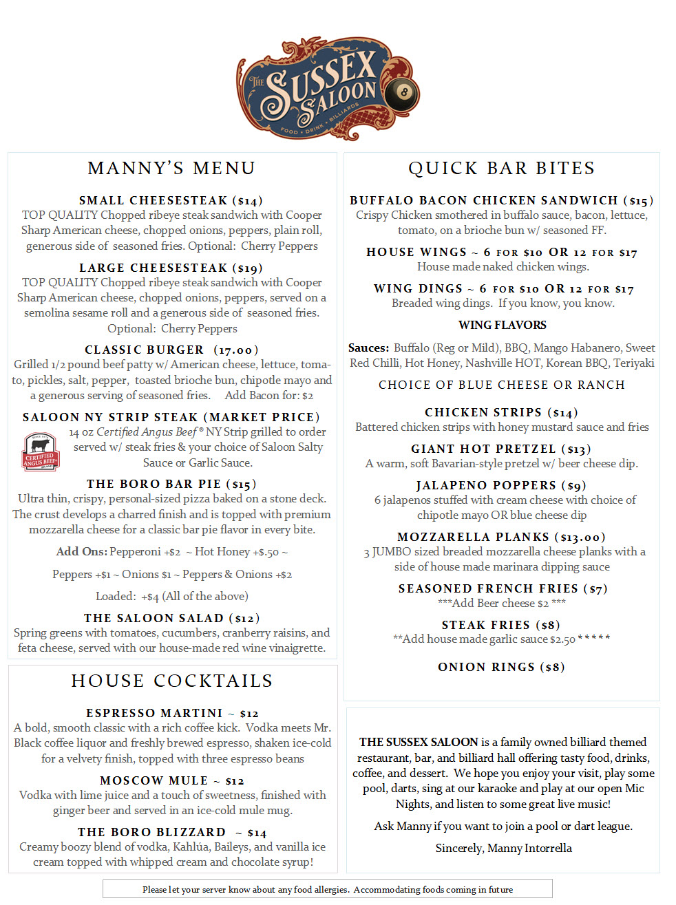The Sussex Saloon printed food menu